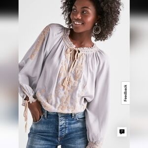 Lucky Brand ($119 ) Light Gray Peasant Blouse with Cream Embroidery